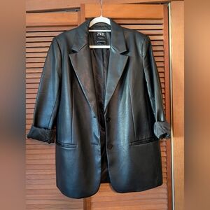 Zara Black Faux Leather Blazer, Large